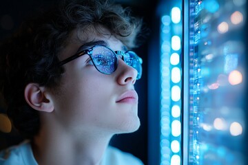 Poster - A young man wearing glasses looks contemplatively at bright blue server lights, indicating a sense of curiosity, reflection, and fascination with technology.