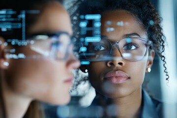 Poster - Two women collaborate by reviewing digital data displayed on a glass screen, highlighting teamwork, innovation, and the importance of shared insights in technology.
