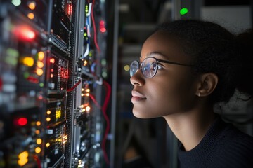 Poster - A woman examines brightly lit server racks, representing her attentiveness and skill in handling complex digital systems in a high-tech environment.