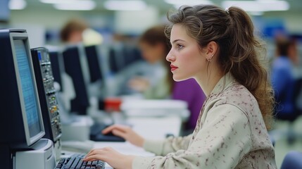 Poster - Young woman typing on a computer in a busy office environment during daylight hours, focused on her work and surrounded by colleagues
