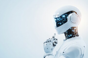 Poster - A humanoid robot with advanced technology features, poised thoughtfully with a finger on its chin, conveying futuristic intelligence and contemplation.