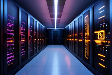 Poster - A futuristic data center with vibrant, glowing lights on server racks, symbolizing advanced technology, connectivity, and digital infrastructure efficiency.