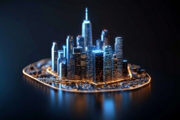 Poster - A miniature illuminated cityscape cleverly integrated onto a circuit board, symbolizing urbanization, technology integration, and modern digital civilization.