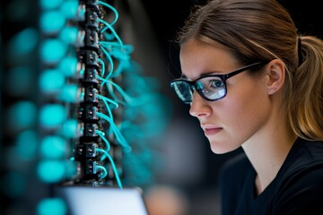 Poster - A focused woman wearing glasses examines connections in a network hub showcasing meticulous attention to detail, technical skill, and computer network analysis.