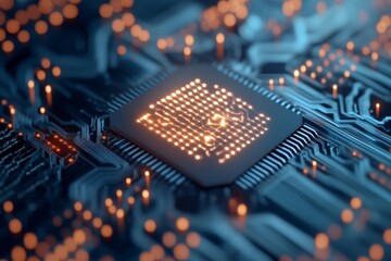 Poster - A close-up view of a glowing microchip embedded on a luminous motherboard, representing advanced technology and connectivity in a futuristic setting.