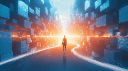 Poster - a figure stands at the end of a glowing pathway between digital structures, illuminated by an orange