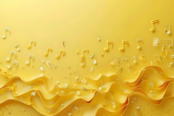 Poster - Vibrant Yellow Musical Waves with Notes and Flowing Ribbons