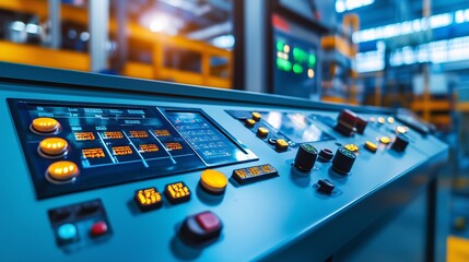 Poster - control panel of industrial machinery with illuminated buttons in a factory setting during daytime o