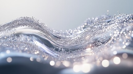 Poster - flowing waves of shimmering liquid with sparkling bubbles in a soft light setting