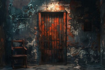 Poster - A Haunting Scene of an Abandoned Cell with Rusty Bars and a Weathered Chair