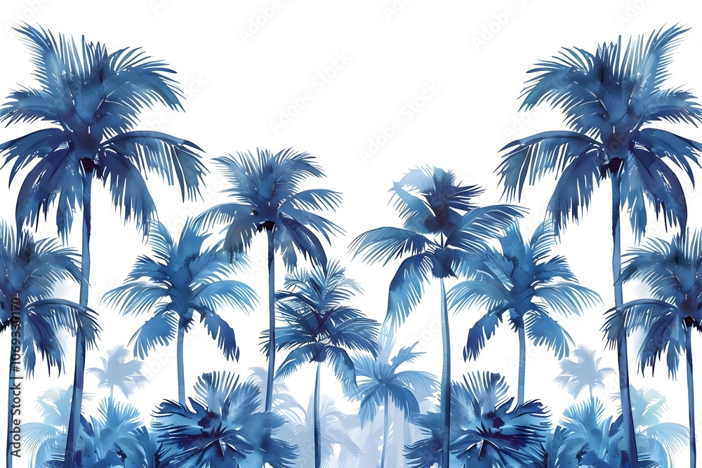 Serene Blue Tropical Palm Trees Against a White Background