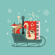 © lana_samcorp - Musical instruments in Christmas sleigh flat vector icon. Live music jazz festival cartoon design element in retro color minimal style. Winter New Year holidays season event background illustration