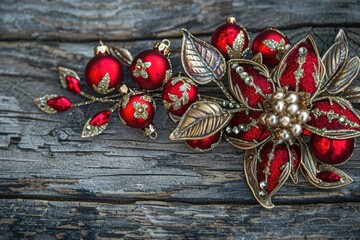 Poster - Close-up of a flower brooch on a wooden surface, perfect for jewelry or decoration