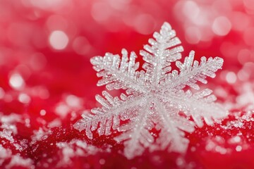 Poster - A close-up view of a single snowflake on a bright red background