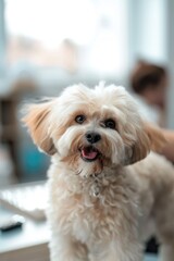 Poster - A small white dog sits on top of a desk, looking around