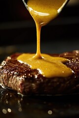 Poster - A juicy piece of meat being drizzled with savory sauce, great for food and cooking images