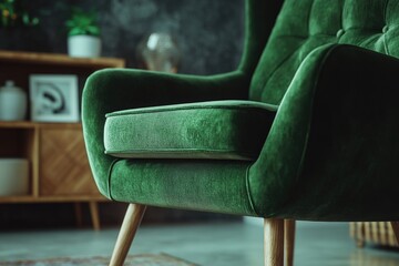 Poster - Green chair sits on wooden floor