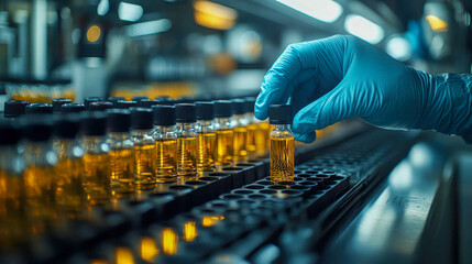 Poster - Gloved hand carefully picking up a vial from a row of small glass bottles in a laboratory