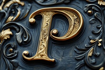 Aufkleber - A close-up of a gold letter on a black background, suitable for use as a design element or to add luxury feel to your project
