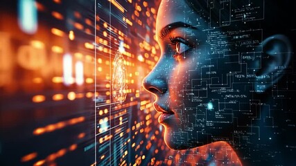 Poster - A woman gazes thoughtfully at digital data projections in a futuristic setting at night