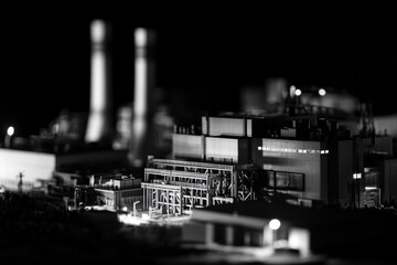 Poster - A black and white photo of an industrial factory at night, with dimly lit machinery and buildings