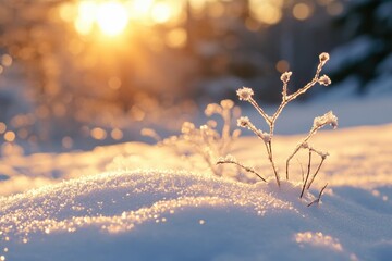 Aufkleber - A frosty plant with sunlight shining through its branches, great for winter or nature-themed designs