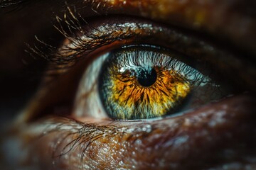 Poster - A detailed view of a human eye with a bright yellow colored iris, great for medical or science illustrations