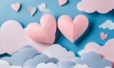 Poster - two hearts are on a blue background with clouds
