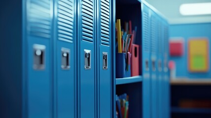 Poster - Row of blue lockers in a modern classroom setting