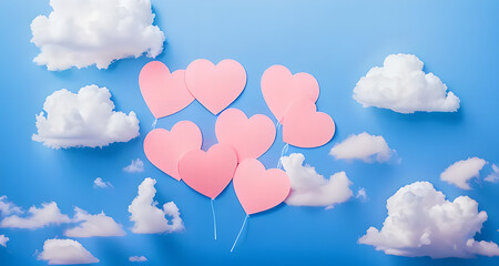 Poster - bunch of pink hearts are floating in the sky