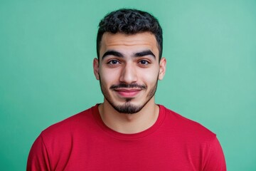 Fototapete - A person wearing a bright red shirt looks directly at the camera, smiling slightly