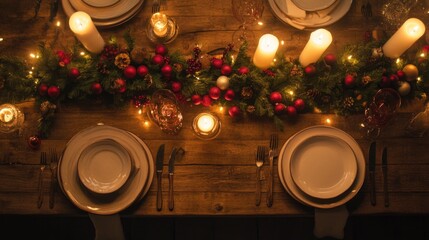 Poster - Dinner table setup with white plates and silverware on a wooden surface, suitable for still life or dining scene photography