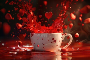 Poster - A close-up view of a white cup with red liquid pouring out, useful for illustrations about beverage, food, or chemistry