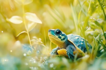 Wall Mural - A small turtle sitting on grass