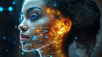 Poster - A futuristic woman with glowing patterns and blue accents in an abstract scene