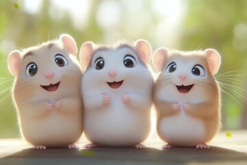 Wall Mural - Three hamsters standing next to each other, perfect for illustration or animation