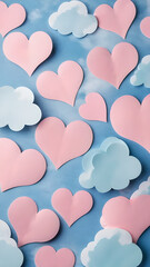 Poster - Blue sky with a bunch of pink hearts and clouds