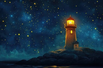 Poster - A lighthouse stands tall on a dark night, surrounded by twinkling stars in the sky