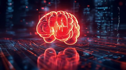 Poster - Digital brain glowing with heartbeat waves over a futuristic cityscape at night