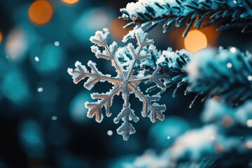 Poster - A detailed view of a delicate snowflake hanging from a branch
