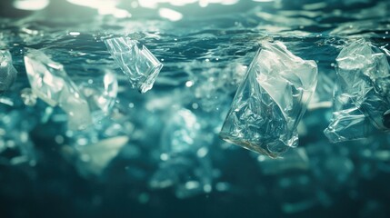 Poster - A collection of plastic bags drifting on the surface of the water, often found in polluted or waste-filled environments