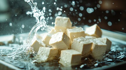 Poster - Fresh tofu cubes being splashed with water, perfect for cooking or recipe demonstrations
