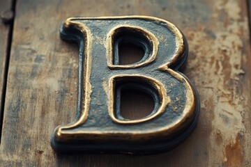 Aufkleber - Close-up of a metal letter B on a wooden surface, ideal for branding or design projects