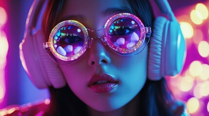 Poster - A person wearing headphones and glasses surrounded by colorful lights