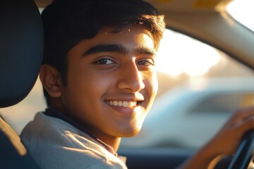 Aufkleber - A young man smiles and drives a car, perfect for use in travel or transportation-themed projects