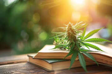 Poster - A marijuana plant sits on top of an open book, symbolizing the intersection of knowledge and substance use