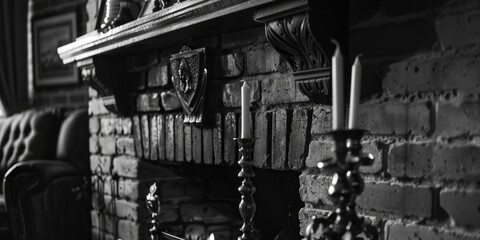 Aufkleber - A cozy black and white photo of a fireplace with warm light and crackling flames