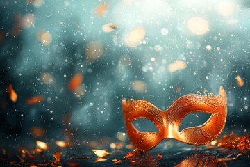 A glittering orange mask is set against a dreamy, blurred background sprinkled with glimmering lights and colorful confetti, Ideal for themes like celebration, mystery, or masquerades,