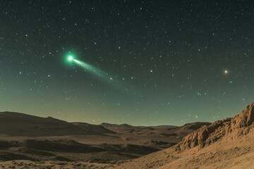 Poster - A bright green comet flies over a desert landscape, creating a stunning visual effect