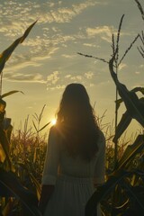 Aufkleber - A woman stands in a lush cornfield as the sun sets behind her